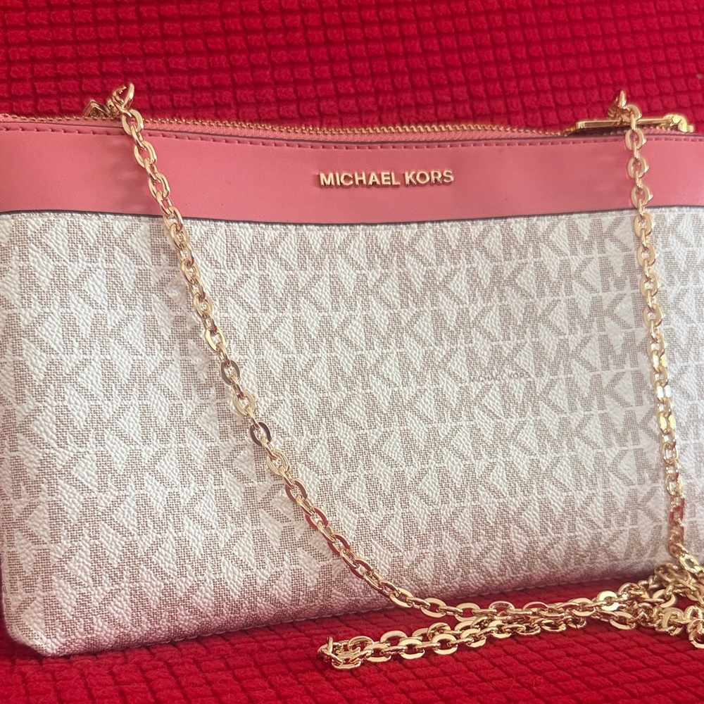 Michael Kors Pink and Cream Clutch with Gold Chain